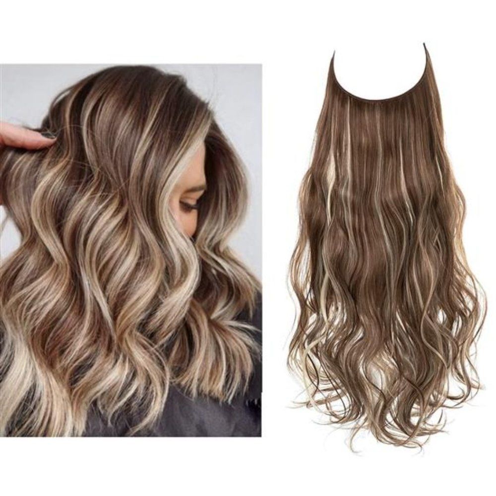 Wavy Curly Hair Extensions Halo Brown With Beach Blonde Highlight Long